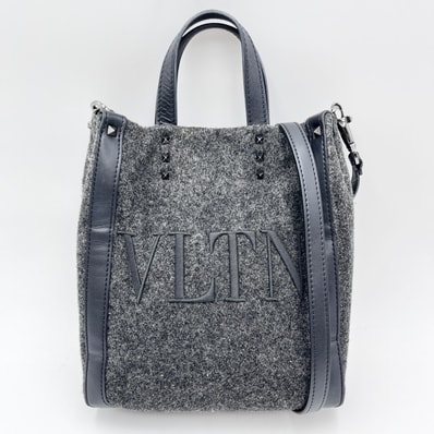 VALENTINO GARAVANI(ヴァレンティノ・ガラヴァーニ)VLTNロゴ トートバッグ ショルダーバッグ 2WAY フェルト グレー レザー ブラック シルバー金具 レディース【中古】
