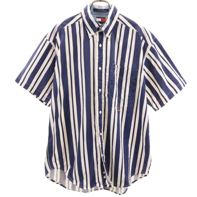 TOMMY HILFIGER トミーヒルフィガー 90s オールド ストライプ柄 半袖 ボタンダウンシャツ M ネイビー系