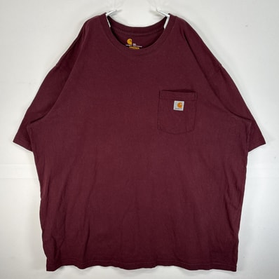 古着 カーハート Carhartt 半袖Tシャツ 大きいサイズ 肉厚 ワンポイント ロゴ 胸ポケ 3XL ワインレッド 無地 メンズ
