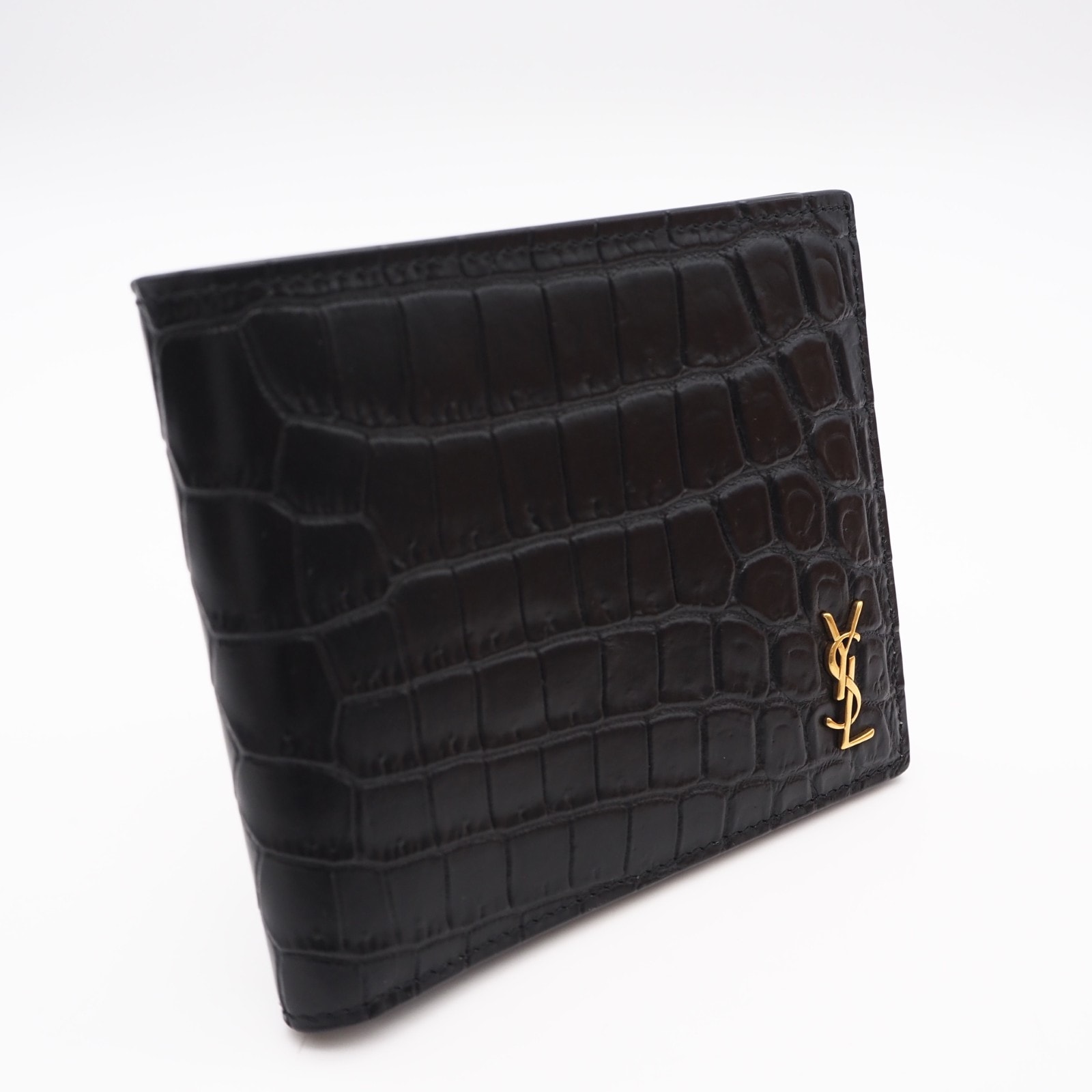 未使用 SAINT LAURENT サンローラン クロコ型押し コンパクトウォレット 607727 二つ折り財布 ブラック クロコダイル カーフレザー メンズ
