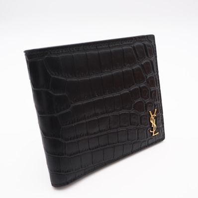未使用 SAINT LAURENT サンローラン クロコ型押し コンパクトウォレット 607727 二つ折り財布 ブラック クロコダイル カーフレザー メンズ