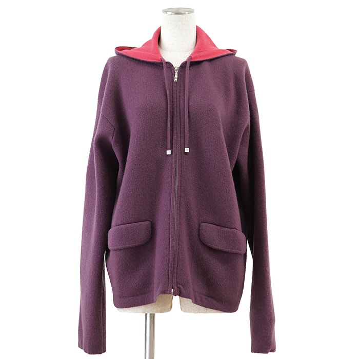 【美品】CHANEL シャネル ブルゾン カシミヤ100% サイズ 48 レディース 00A P15863 COCOマーク ロゴ ジップアップパーカー フード バイカラー アウター ライトパープル レッド 紫 赤 英国製