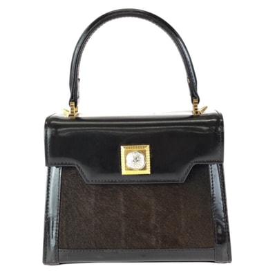 VERSACE ヴェルサーチ サンバースト ポニーヘア ダークブラウン ゴールド金具 エナメル ハラコ/ ハンドバッグ 600691 【中古】
