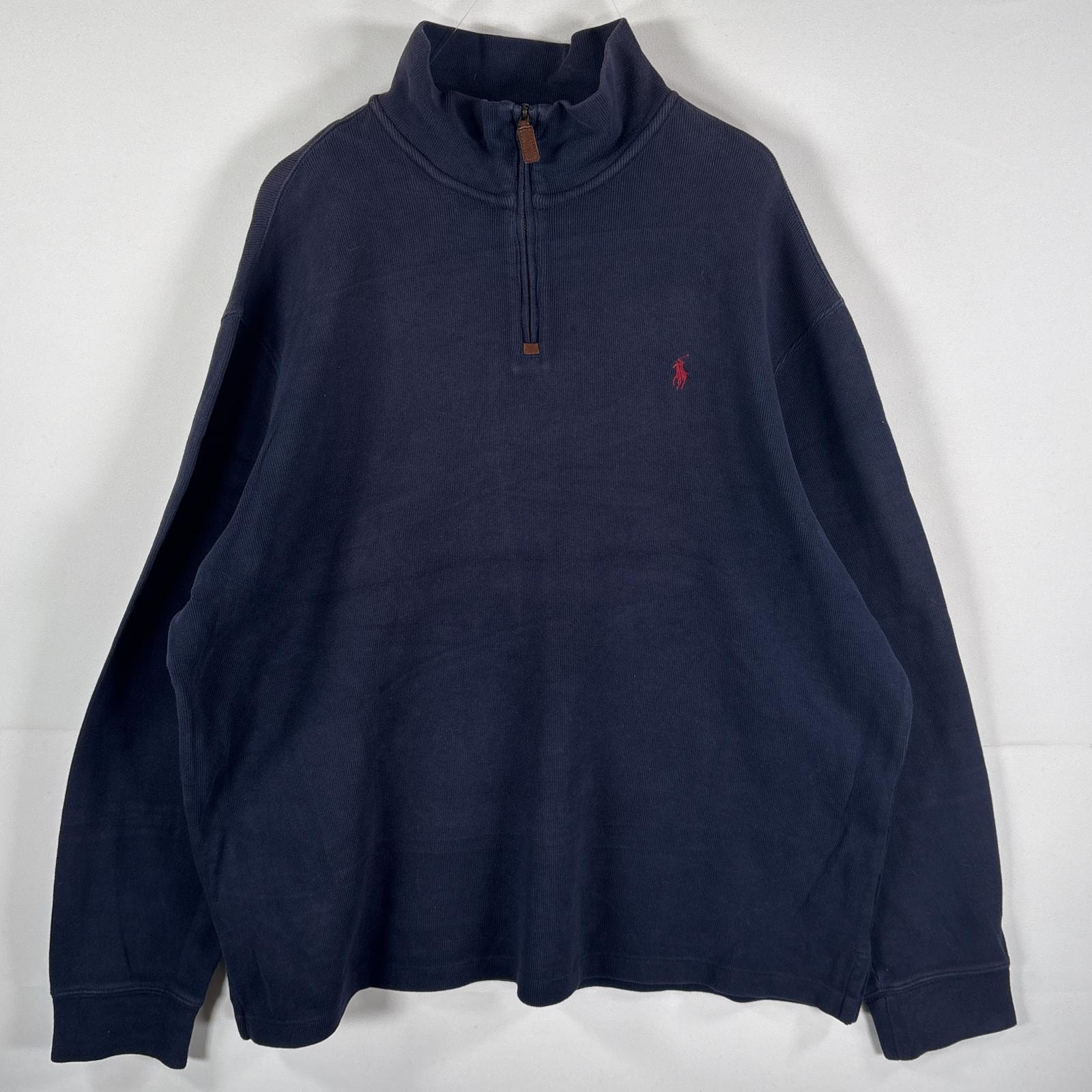 古着 ポロ・ラルフローレン POLO RALPH LAUREN コットンニット ハーフジップ  ワンポイントロゴ刺繍 ビッグサイズ 14041  ネイビー メンズ