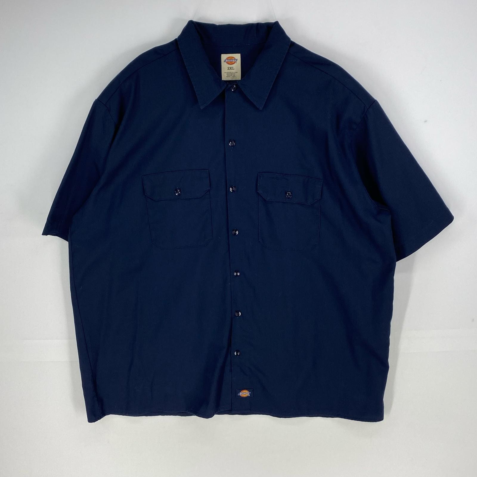 古着 ディッキーズ Dickies 半袖シャツ 胸ポケット ワーク ショートスリーブ 作業着 2XL  ネイビー系 無地 メンズ