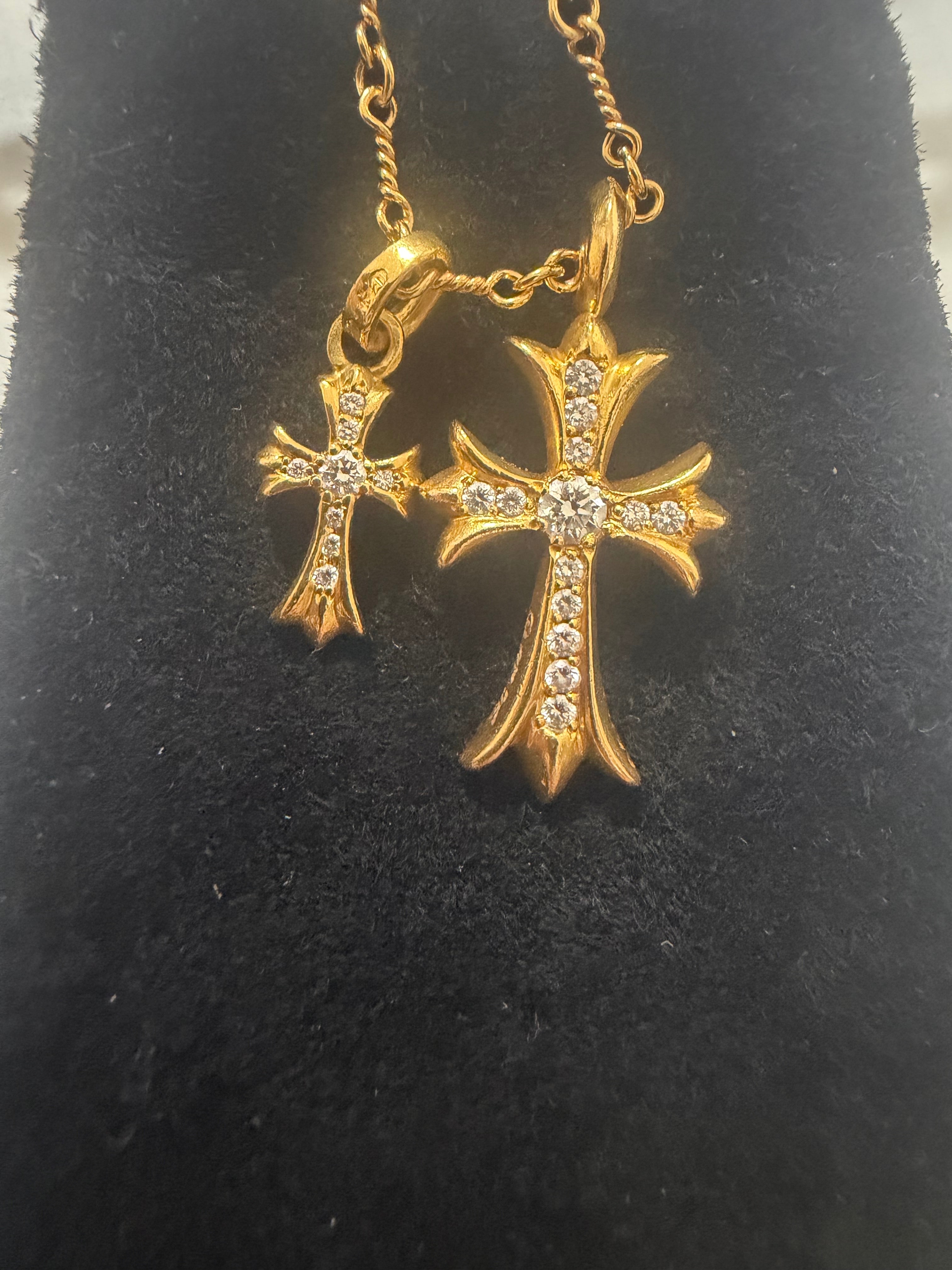 Chrome Hearts 22K Tiny Fat Cross Pave Diamond Pendant Necklace Top "Yellow Gold"