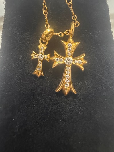 Chrome Hearts 22K Tiny Fat Cross Pave Diamond Pendant Necklace Top "Yellow Gold"