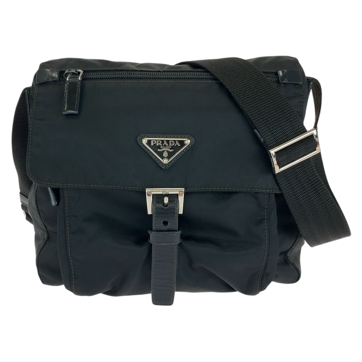美品 PRADA プラダ テスート 三角ロゴプレート ブラック 黒 シルバー金具 ナイロン レザー/ ショルダーバッグ メッセンジャーバッグ 604721 【中古】