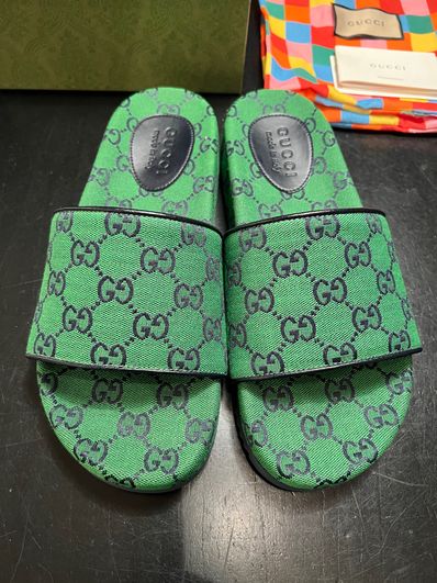 GUCCI GG Multicolor Slide Sandals "Green"