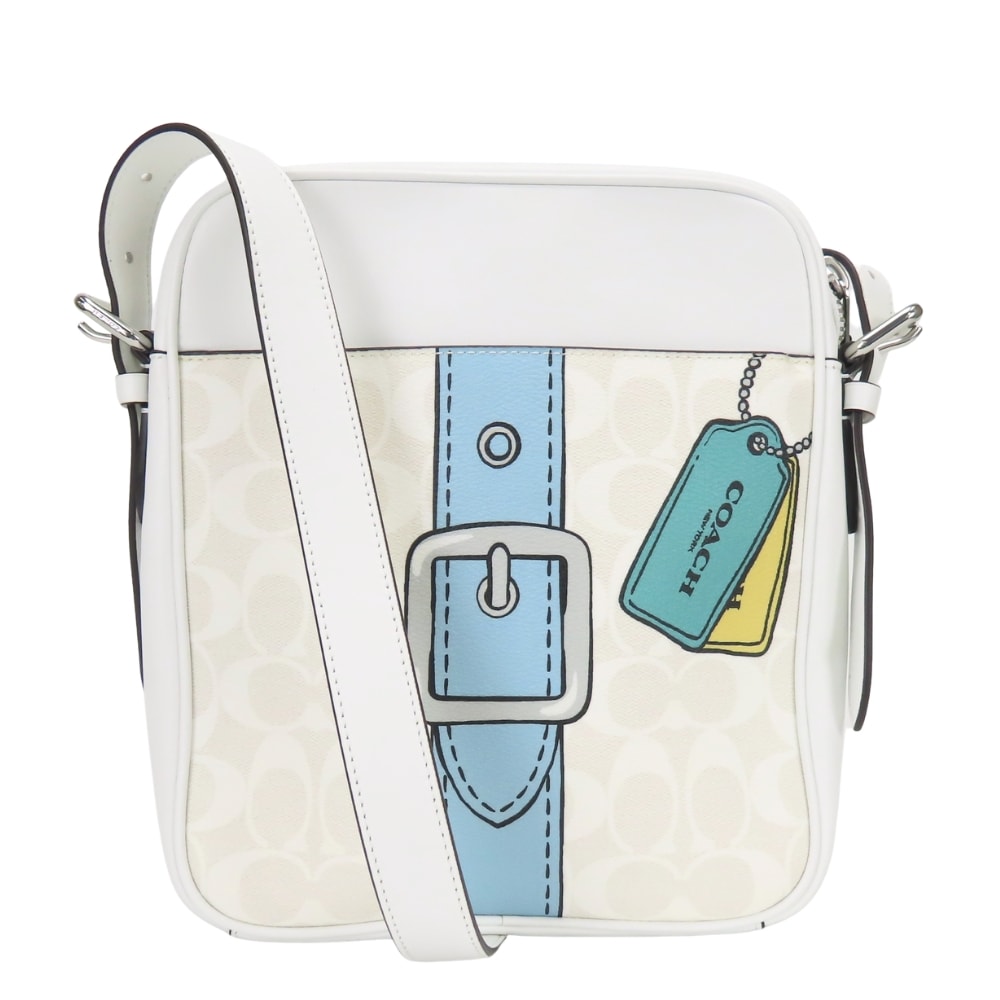 【中古】美品 コーチ ショルダーバッグ ハドソン CH200 シグネチャー PVC レザー ホワイト 斜め掛け トロンプルイユ プリント レディース 女性 COACH