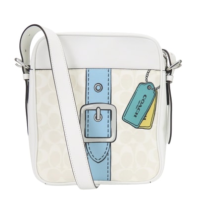 【中古】美品 コーチ ショルダーバッグ ハドソン CH200 シグネチャー PVC レザー ホワイト 斜め掛け トロンプルイユ プリント レディース 女性 COACH