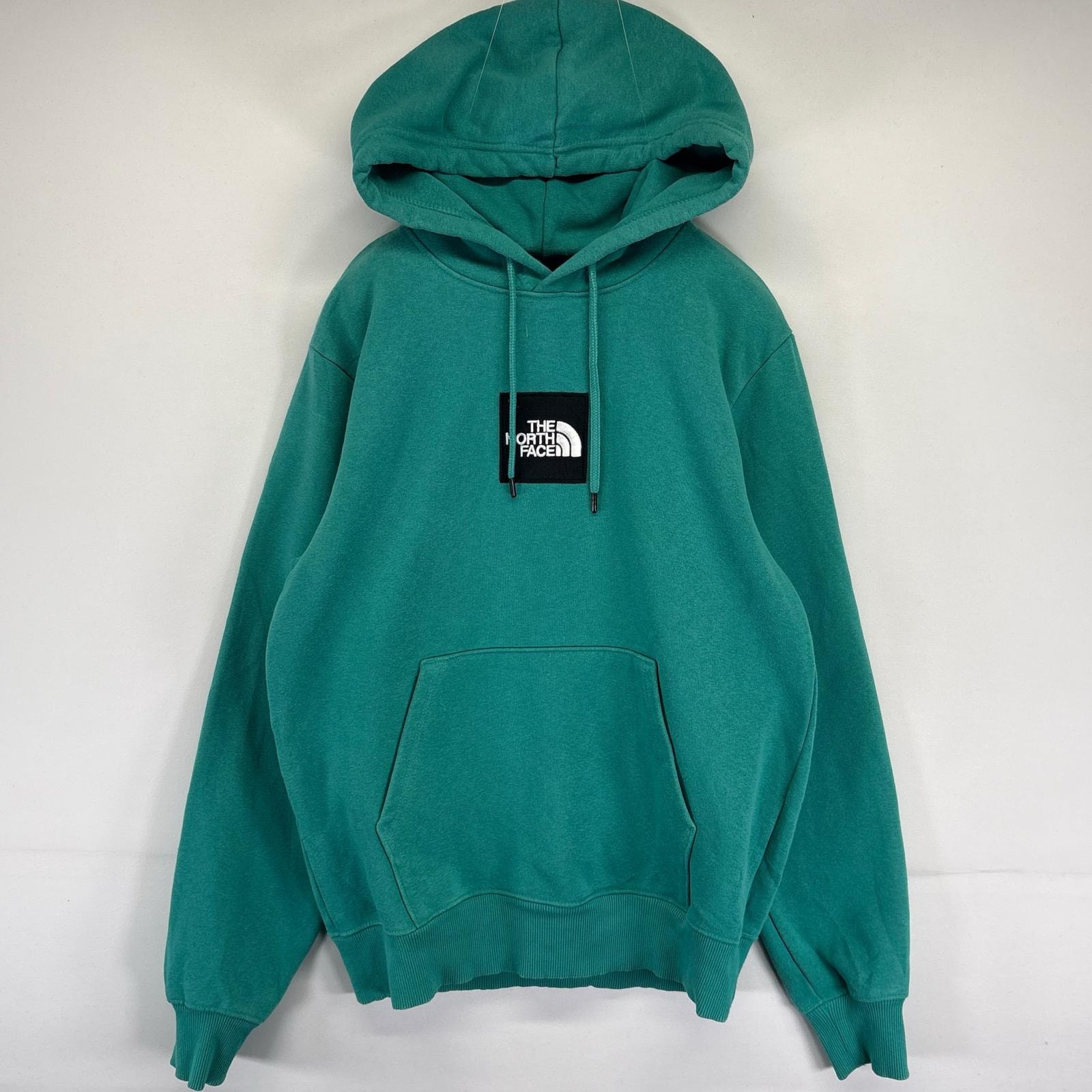 古着 ザ・ノースフェイス THE NORTH FACE パーカー スウェット ボックスロゴ刺繍 プルオーバー 厚手 S グリーン系 メンズ