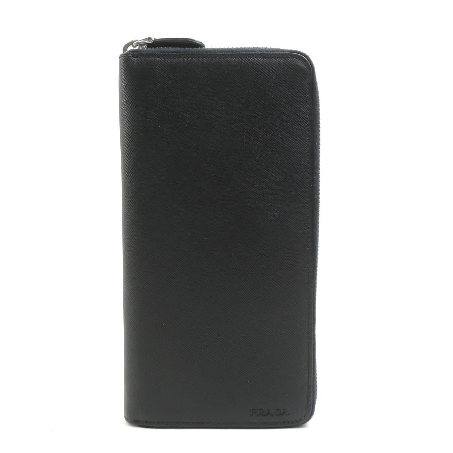 プラダ PRADA ラウンドファスナー長財布 レザー ブラック メンズ【中古】 56513a