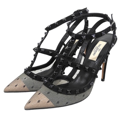 ヴァレンティノガラヴァーニ 新品同様 ロックスタッズ レース アンクルストラップ ヒール パンプス 黒 36 1/2 TW2S0393 36.5