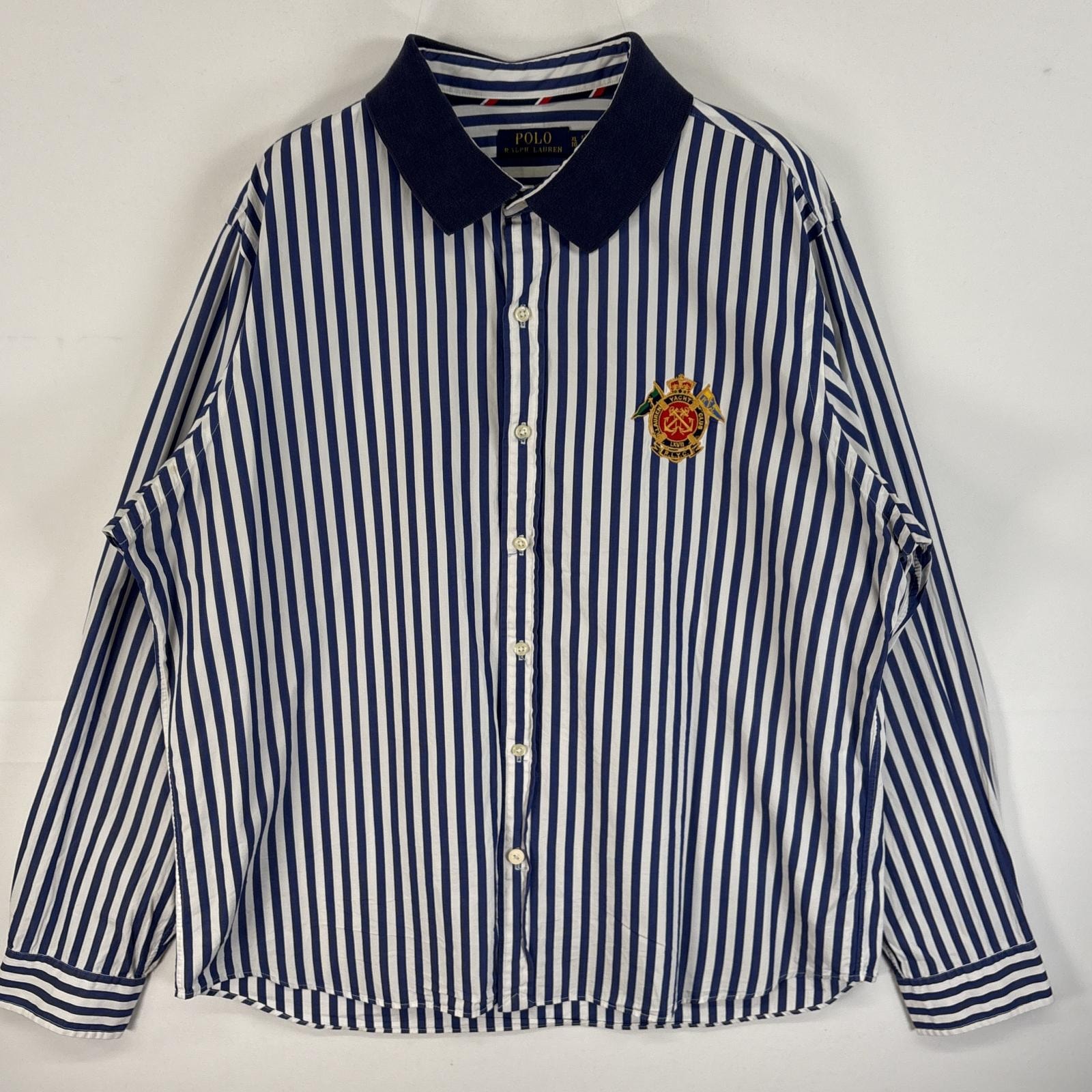 古着 ポロ・ラルフローレン POLO RALPH LAUREN 長袖シャツ ロゴ 刺繍 襟切替 大きいサイズ XL  ブルー系 ストライプ メンズ