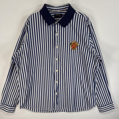 古着 ポロ・ラルフローレン POLO RALPH LAUREN 長袖シャツ ロゴ 刺繍 襟切替 大きいサイズ XL ブルー系 ストライプ メンズ