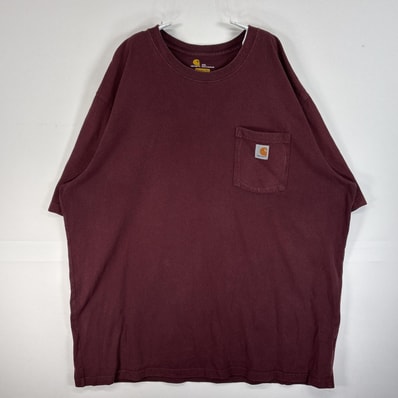 古着 カーハート Carhartt 半袖Tシャツ ワンポイント ロゴ クルーネック 胸ポケ 2XL ワインレッド 無地 メンズ