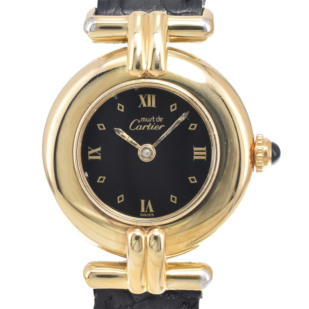 カルティエ CARTIER 590002 マストコリゼ SM SV925(GP)/レザー ブラック クォーツ レディース 腕時計 K#150745