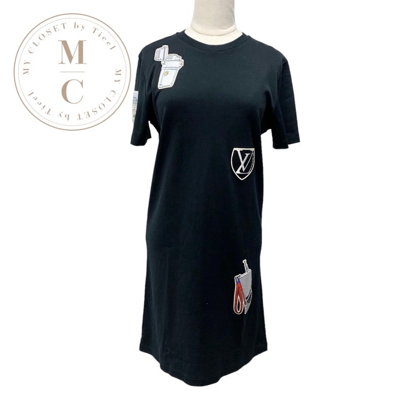 ルイヴィトン LOUIS VUITTON ワンピース コットン ブラック 黒 ロゴ ワッペン 半袖