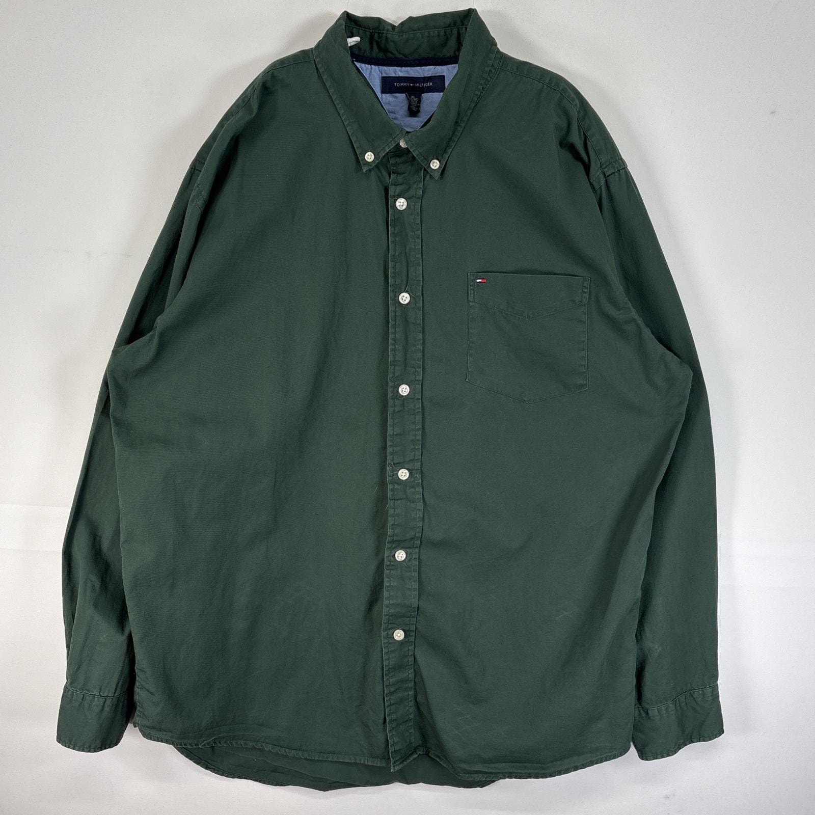古着 トミーヒルフィガー TOMMY HILFIGER 長袖シャツ ロゴ 刺繍 ボタンダウン 大きいサイズ XL  グリーン 無地 メンズ