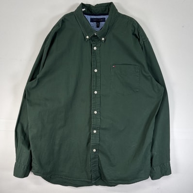 古着 トミーヒルフィガー TOMMY HILFIGER 長袖シャツ ロゴ 刺繍 ボタンダウン 大きいサイズ XL グリーン 無地 メンズ