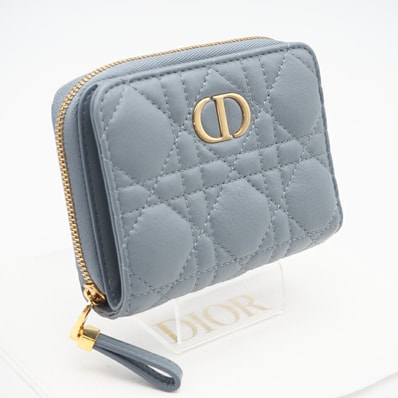 極美品 Dior ディオール カナージュ カーフスキン Dior Caro Scarlet ウォレット クラウドブルー S5032UWHC 二つ折り財布 ブルー カーフレザー レディース