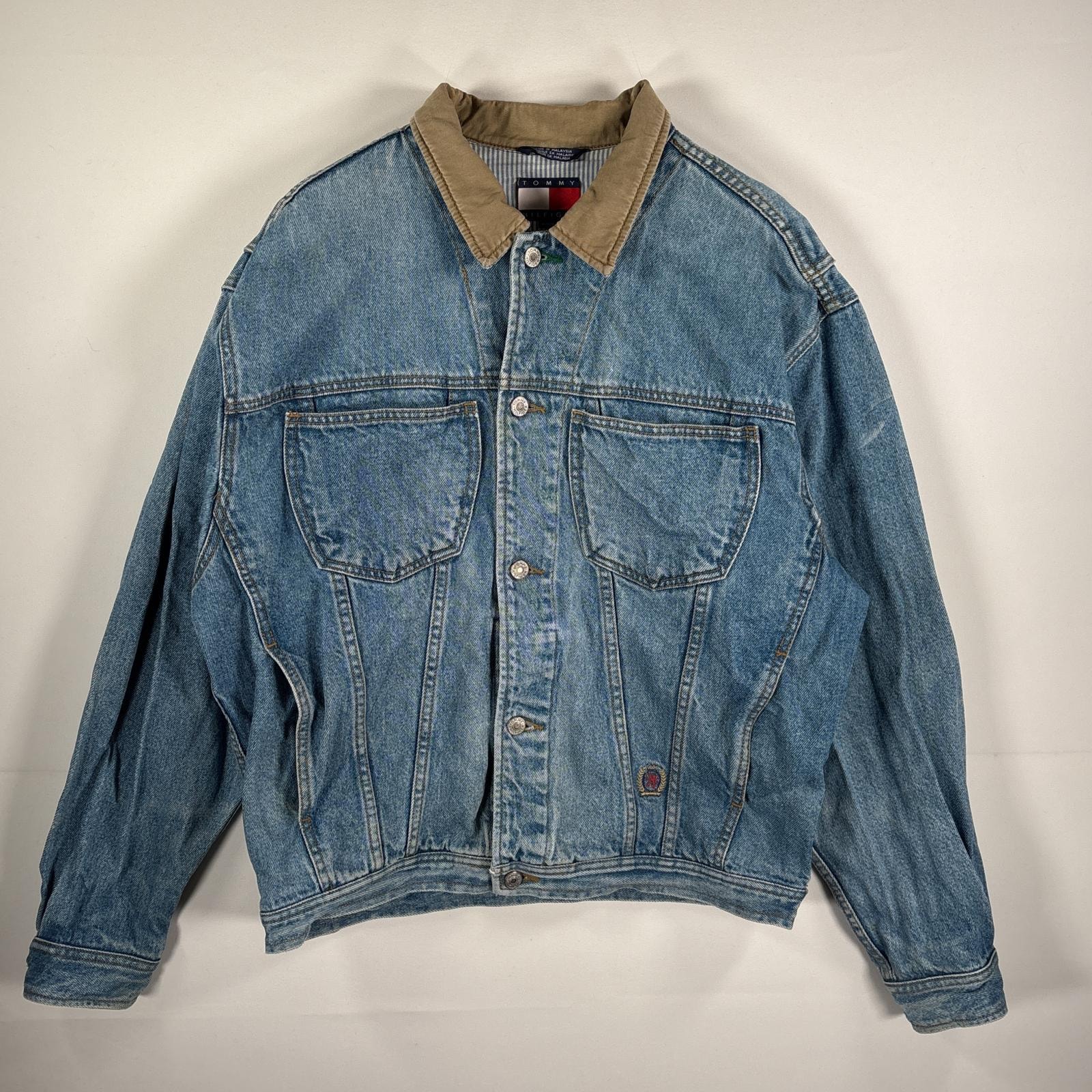 古着 90's/90年代 トミーヒルフィガー TOMMY HILFIGER デニム デニムジャケット Gジャン 刺繍ロゴ 襟切り替え M  ブルー系 メンズ