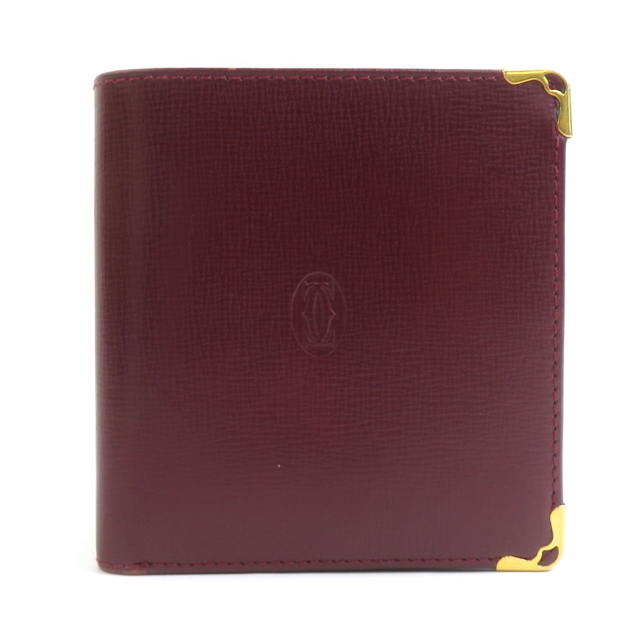カルティエ CARTIER 二つ折り財布 レザー バーガンディ ゴールド メンズ【中古】 e61643a