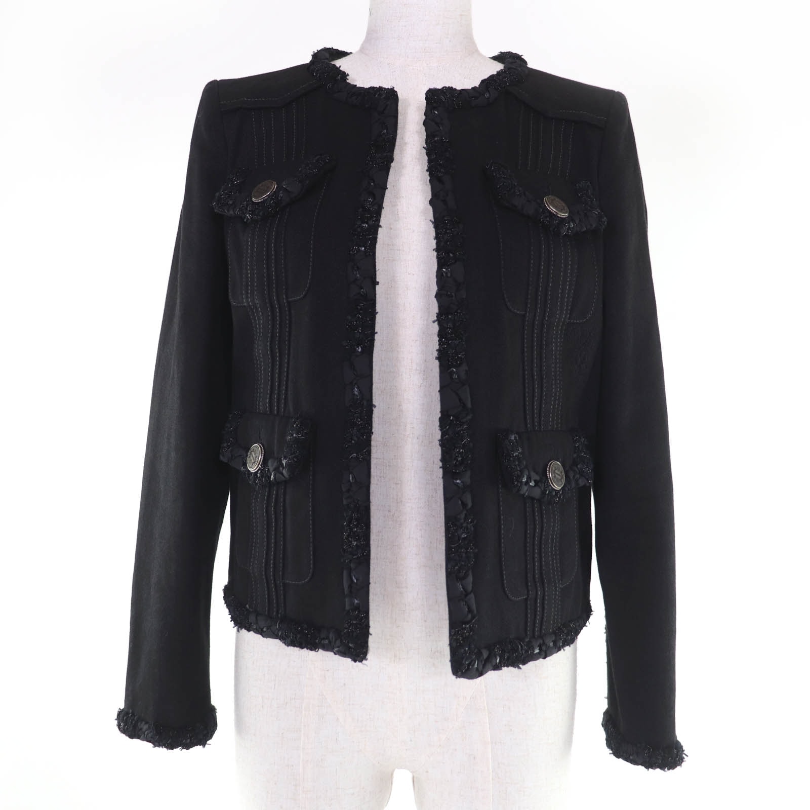 極美品 シャネル ノーカラージャケット ブラック 36 P55644V42006