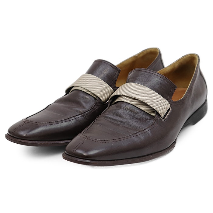 SALE【美品】HERMES エルメス ローファー キャンバスストラップ セミスクエアトゥ スリッポン シューズ 革靴 箱/袋付属 メンズ サイズ 41.5 ブラウン 茶色 イタリア製