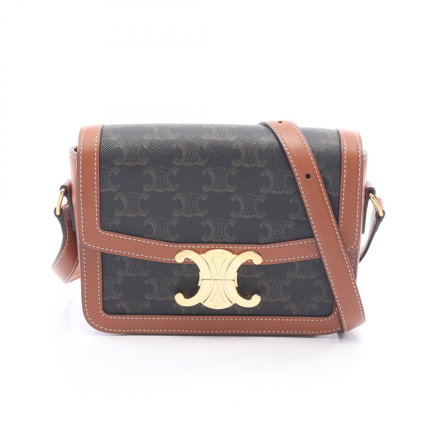セリーヌ CELINE ティーン トリオンフ ショルダーバッグ バッグ PVCコーティングキャンバス レザー レディース ブラウン系 / ブラック系 188882BZ4 【中古】