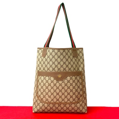 GUCCI グッチ シェリーライン GG ロゴ 金具 レザー PVC トートバッグ ブラウン
212-3