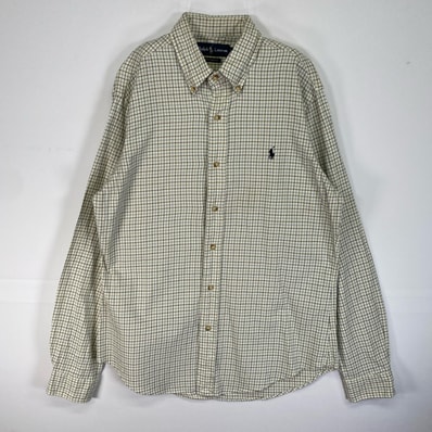 古着 ラルフローレン RALPH LAUREN 長袖シャツ チェック ロゴ 刺繍 ボタンダウン M ホワイト系 マルチカラー メンズ