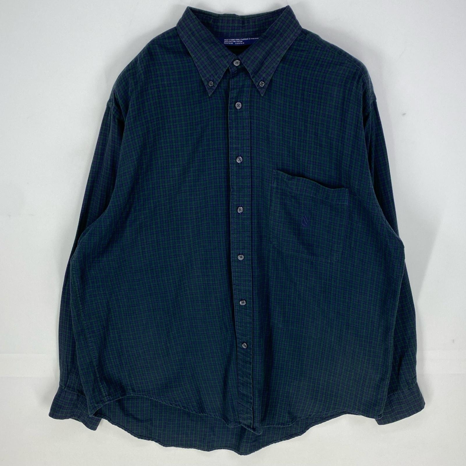 古着 90's/90年代 ノーティカ NAUTICA 長袖シャツ 胸ポケット ボタンダウン ワンポイントロゴ刺繍 L グリーン系 チェック メンズ