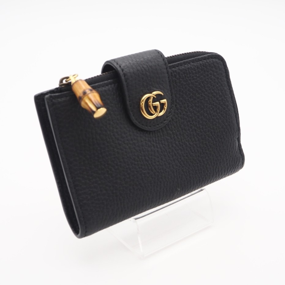 美品 GUCCI グッチ レザー ダブルGバンブー付き ミディアム ウォレット 739498 長財布 ブラック レザー レディース