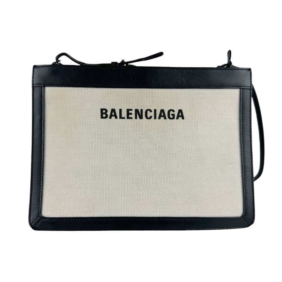 バレンシアガ BALENCIAGA ショルダーバッグ ネイビーポシェット キャンバス/レザー ブラック/アイボリー レディース【中古】 z9533