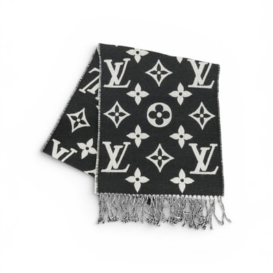 LOUIS VUITTON 極美品 ルイヴィトン エシャルプ シンプリーLV モノグラム マフラー M76964 ウール MR0261 ブラック ホワイト 大判 ストール 箱付き プレゼント ギフト LV Aランク 中古 鑑定済 ヴィトンマフラー