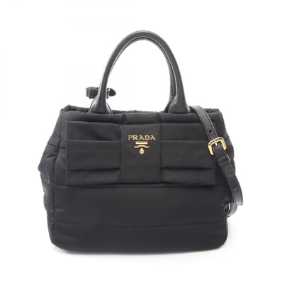 プラダ PRADA TESSUTO BOMBER リボン 2WAY ハンドバッグ バッグ ナイロン レザー レディース ブラック系 1BG005 【中古】