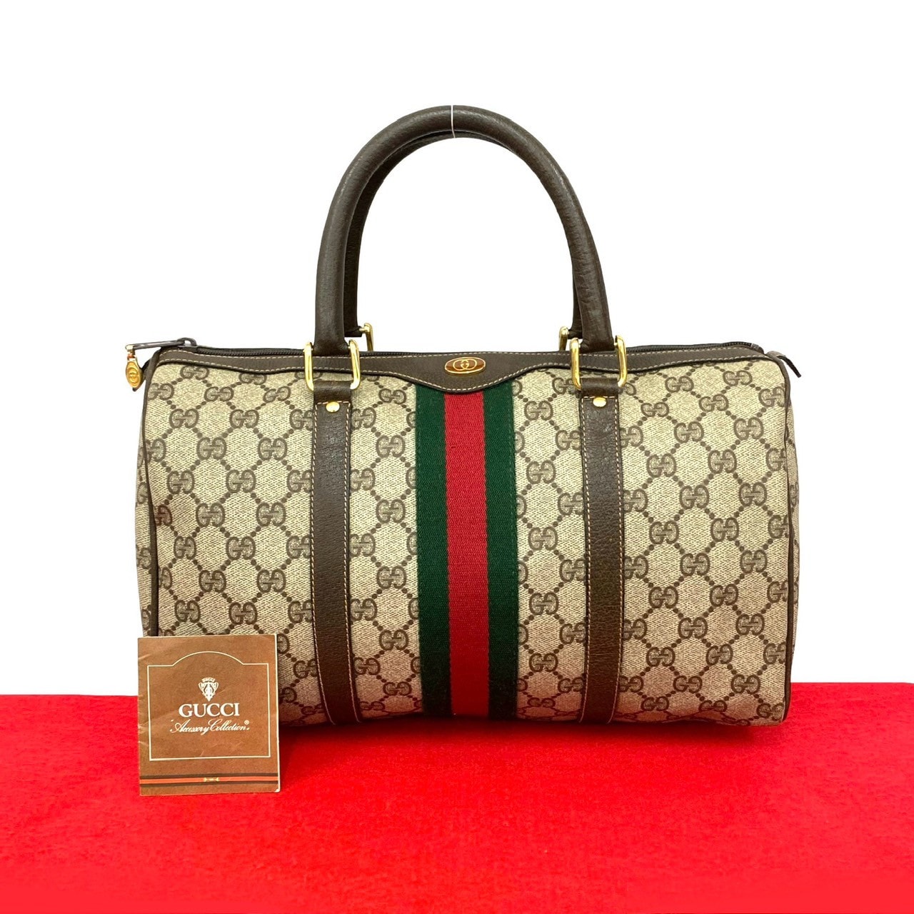 GUCCI グッチ シェリーライン GG ロゴ 金具 レザー PVC ハンドバッグ ブラウン
 12536
