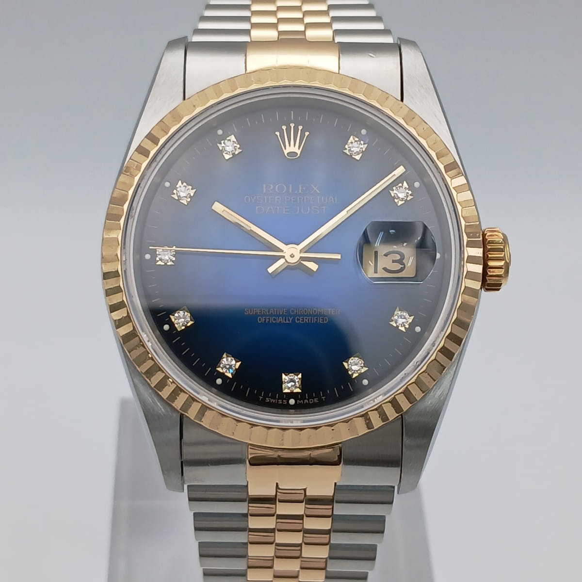 ROLEX ロレックス デイトジャスト 10P ダイヤモンド 36mm ブルーグラデーション X番 腕時計 16233G ステンレス K18イエローゴールド シルバー ゴールド ブルー 自動巻き  メンズ【中古】