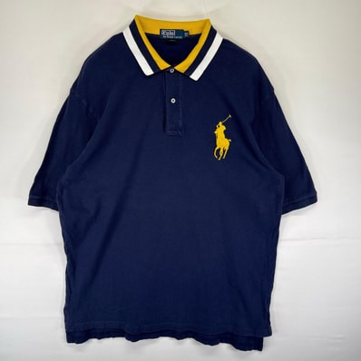 古着 ポロバイラルフローレン Polo by Ralph Lauren 鹿の子 半袖シャツ ポロシャツ ビッグポニー 刺繍 XLT ネイビー系 メンズ