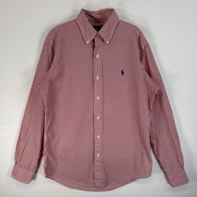 古着 ラルフローレン RALPH LAUREN 長袖シャツ ロゴ 刺繍 ボタンダウン S レッド系 ストライプ メンズ