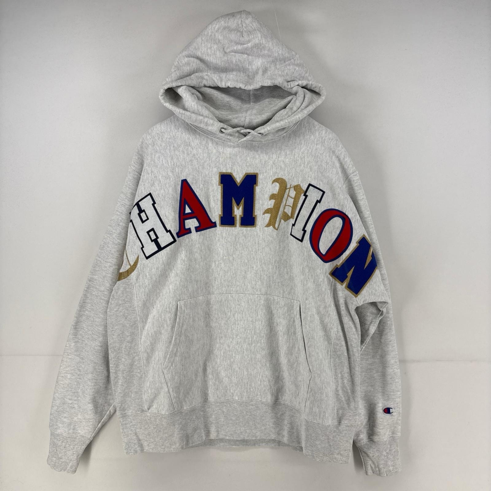 古着 チャンピオン Champion パーカー プルオーバー ロゴ ビッグロゴ ワッペン リバースウィーブ スウェット L 霜降りグレー メンズ