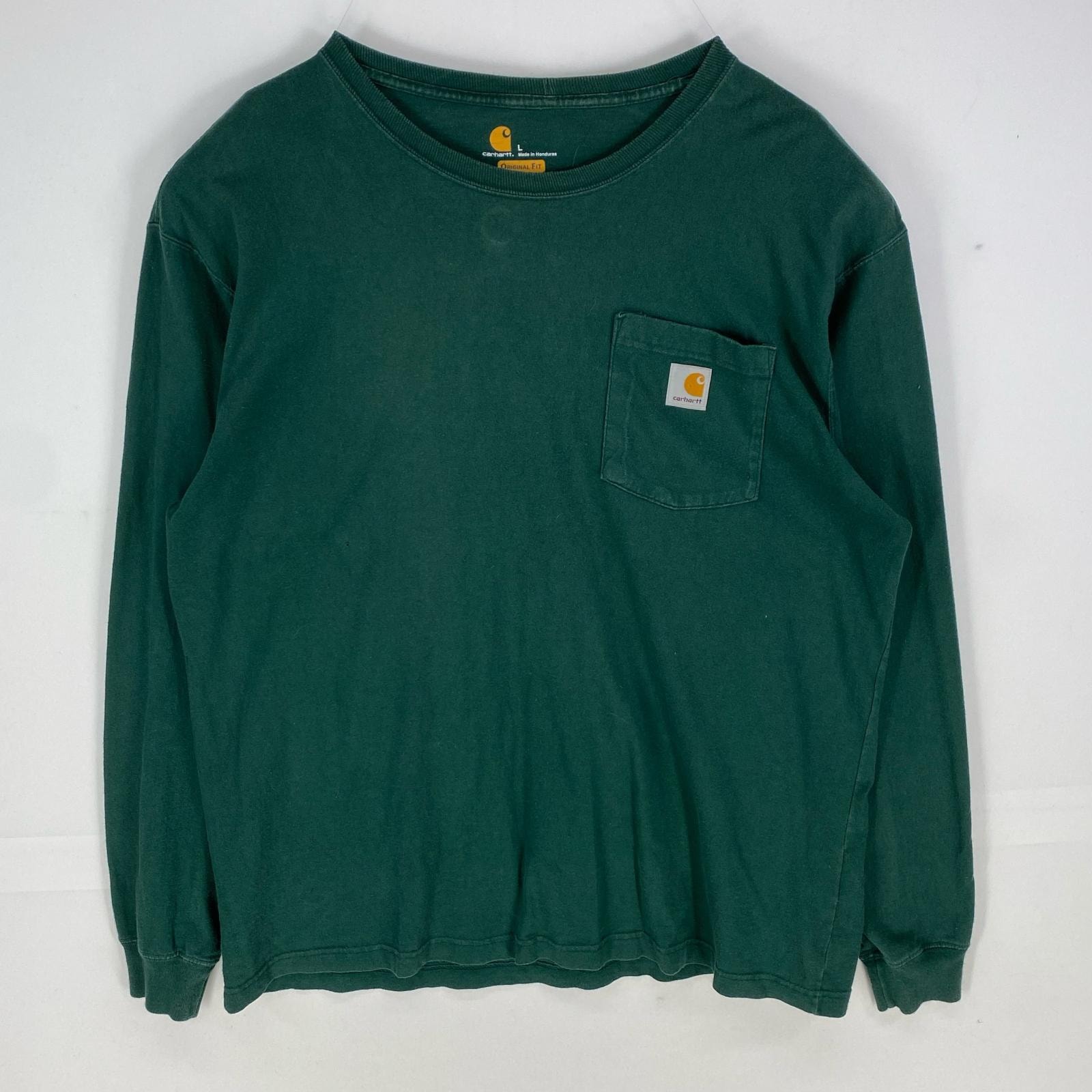 古着 カーハート Carhartt 長袖Tシャツ ワンポイントロゴ ロングスリーブ ロンT 胸ポケット L  グリーン系 メンズ