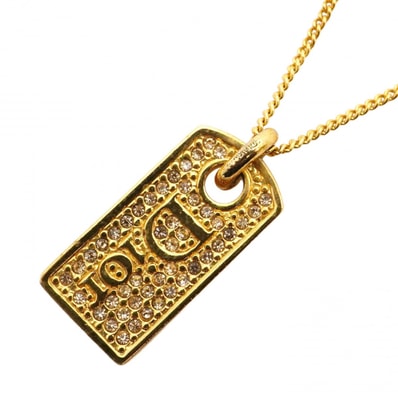 【6jcb0996-k】クリスチャンディオール ネックレス ディオールロゴ プレート GPメッキ ラインストーン ゴールド【中古】レディース