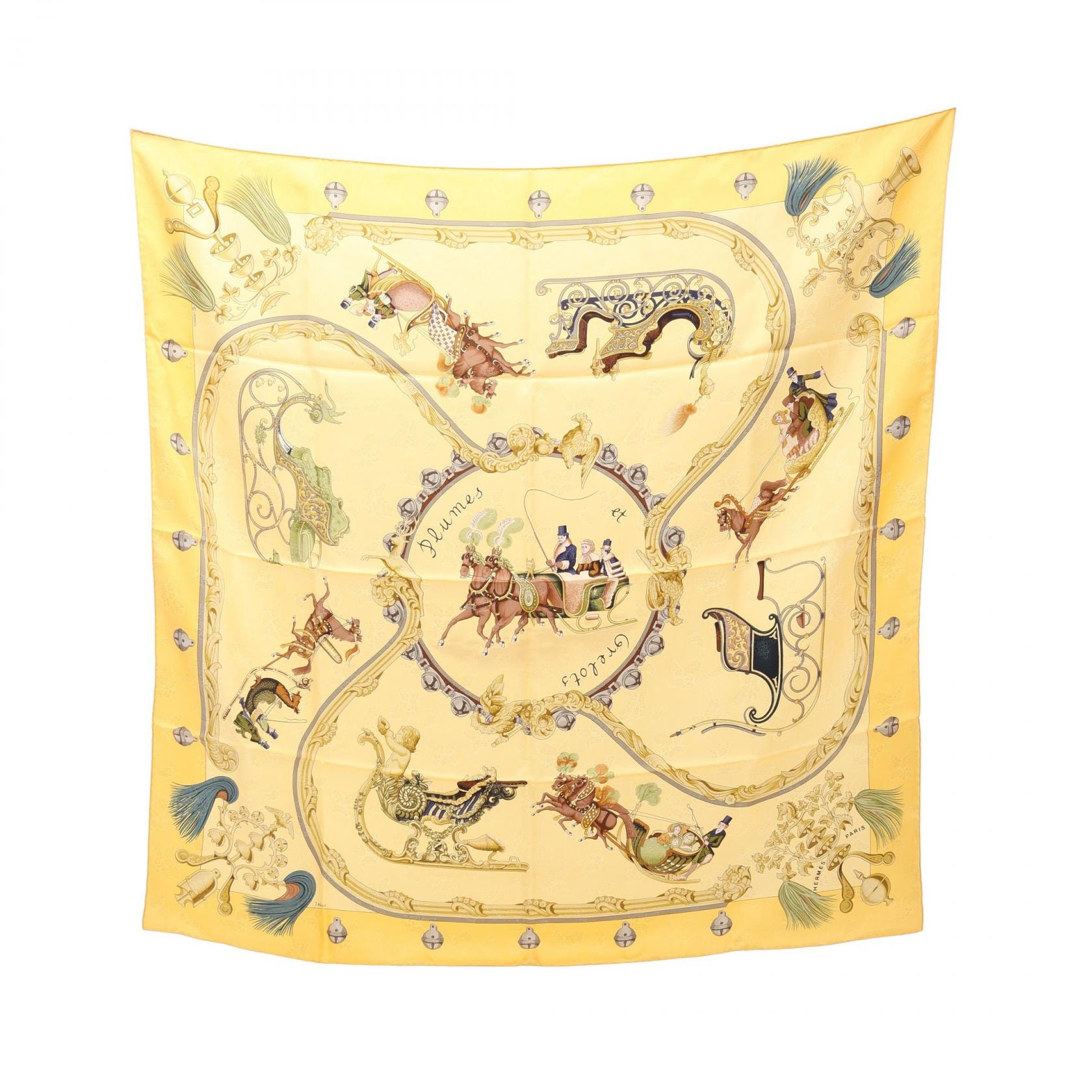 エルメス HERMES カレ90 Plumes et Grelots スカーフ 衣料品 シルク シルク レディース イエロー系 / マルチカラー 【中古】