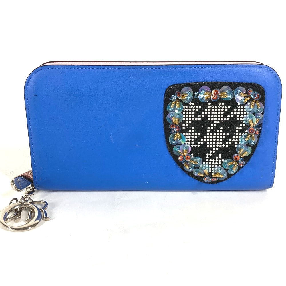 ディオール Dior ビジュー ラインストーン ロングウォレット ラウンドファスナー 長財布 レザー ブルー