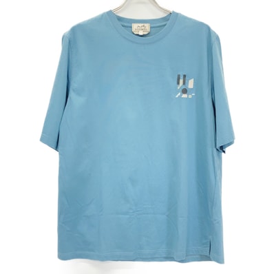 エルメス ブルー 胸元刺繍 半袖Tシャツ L