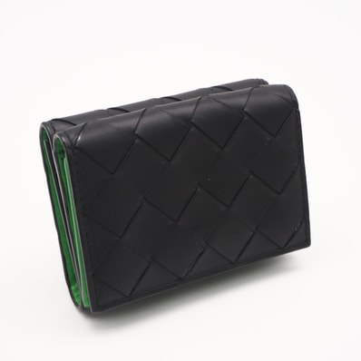 美品 BOTTEGAVENETA ボッテガヴェネタ イントレチャート タイニー 三つ折り ウォレット 667036 三つ折り財布 ブラック グリーン カーフレザー メンズ