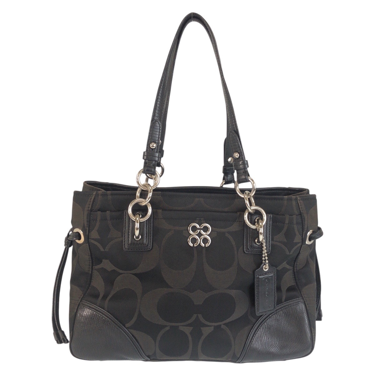 COACH コーチ シグネチャー オプアート ブラック 黒 シルバー金具 ナイロン レザー/ トートバッグ ショルダーバッグ 601977 【中古】